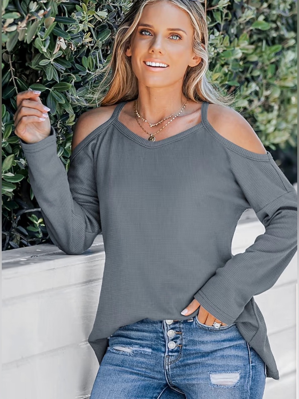 CUPSHE Light Gray Waffle Knit Cold Shoulder Top Women’s Small NWT